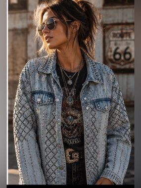 AKIRA Hematite Distressed Studded Denim Jacket